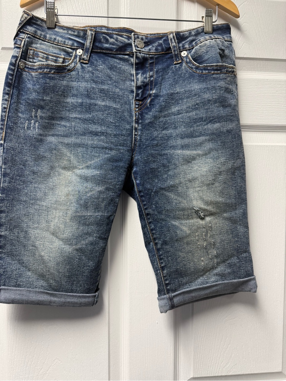 True Religion Women's Faded Blue Distressed Jean Shorts